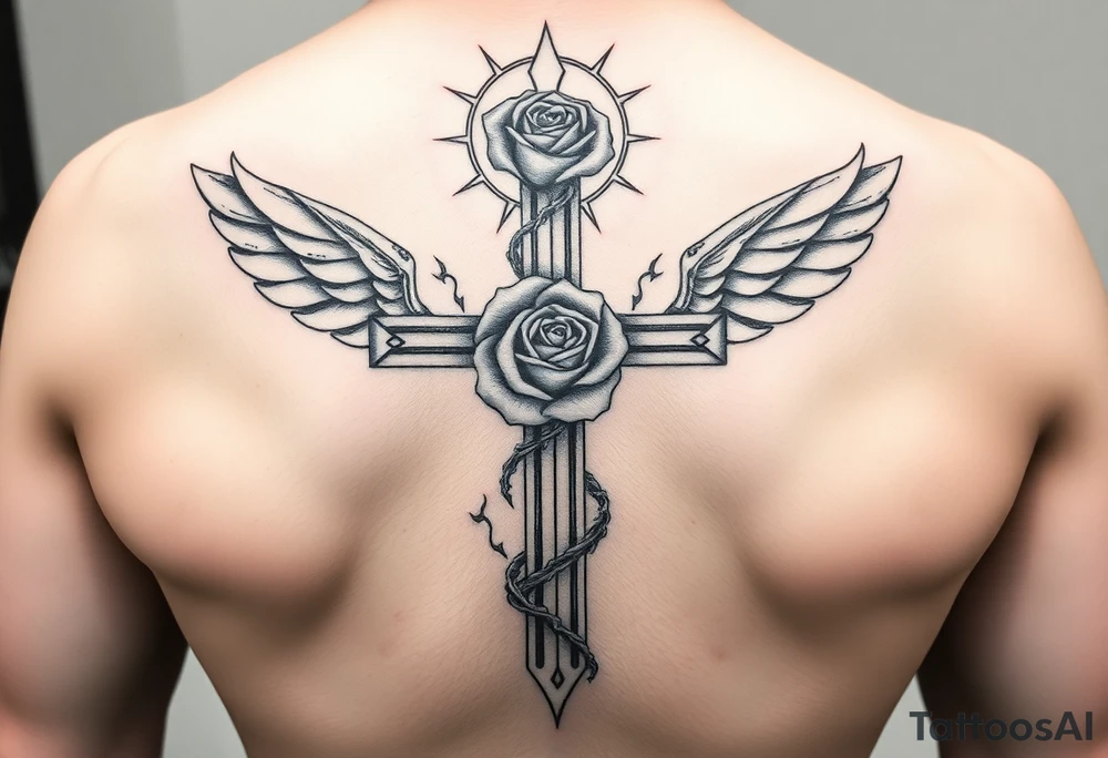 A very detailed cross with thorns vines from a rose with a halo above it and clouds around it and possibly wings on the sides or no wings in the sides but is a very detailed tattoo for my shoulder tattoo idea