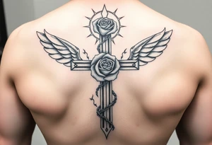 A very detailed cross with thorns vines from a rose with a halo above it and clouds around it and possibly wings on the sides or no wings in the sides but is a very detailed tattoo for my shoulder tattoo idea