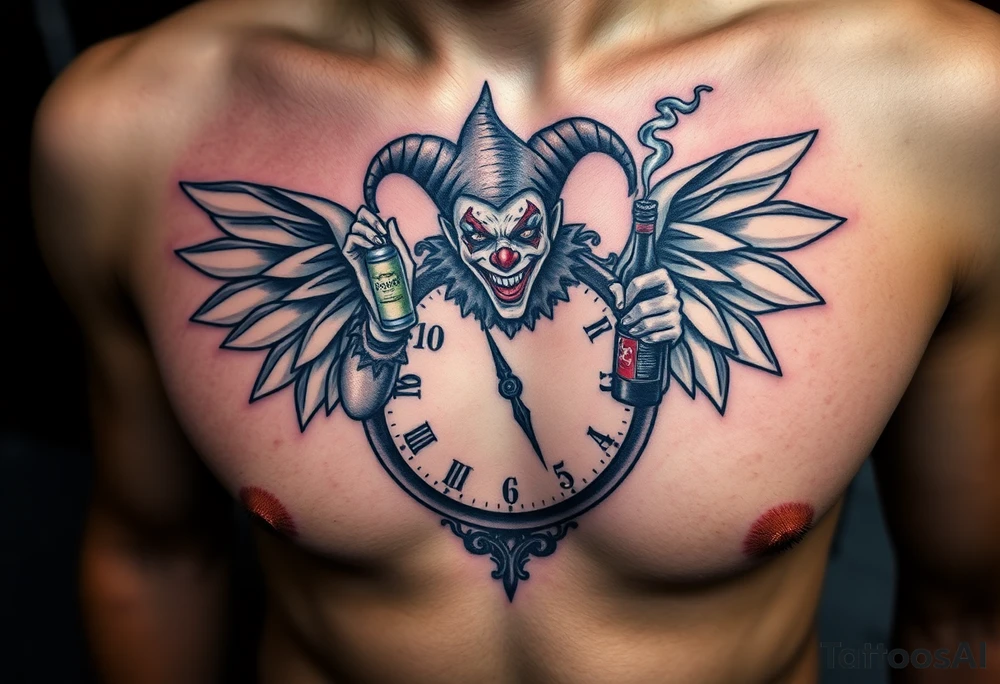 a evil jester clown floating in smoke with a  clock, the time says 420,  with two open wings besides the clock, smoke as the spring rising from the clock, a jester clown coming out the smoke, smoking in one hand with a liquor bottle on the other hand tattoo idea