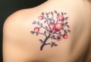 Full tree with peaches leaves, and flowers on it tattoo idea