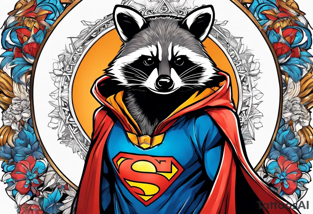 raccoon wearing a Superman hoodie tattoo idea