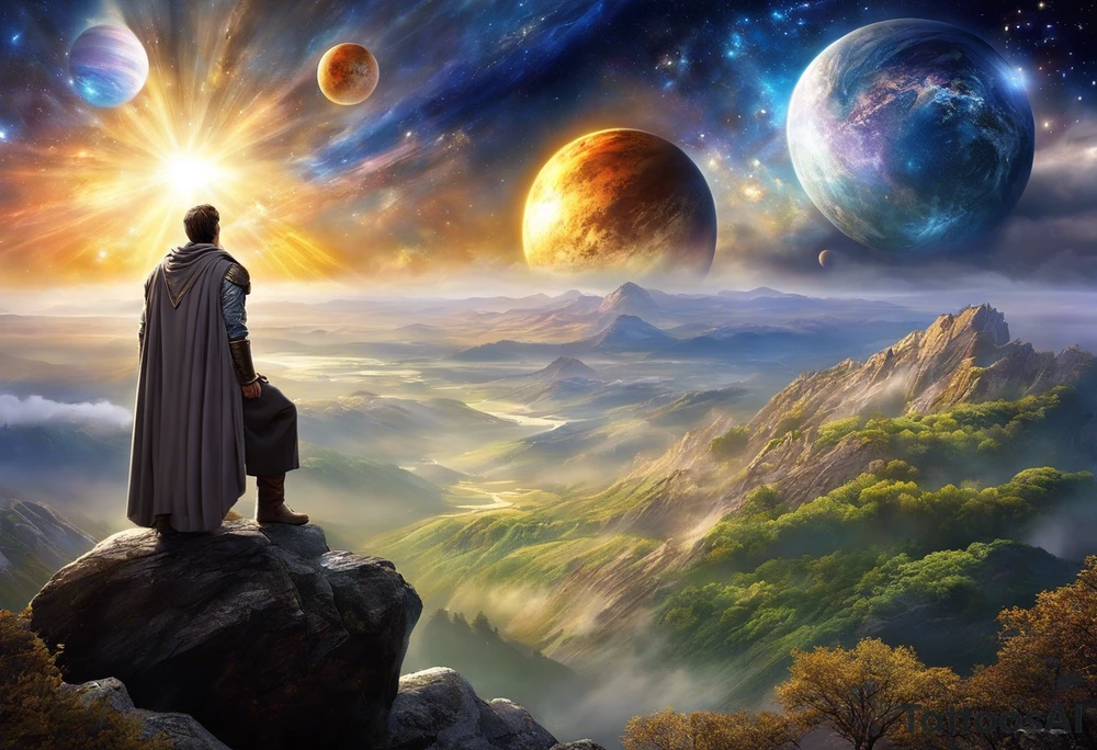 Jehovah looking out at the marvels of his creation from the atoms to the galaxy and celestial beings. With grey wash and a fantasy theme. Jehovah has to be a character who is so majestic, charismatic, immensely powerful. There isnt a single thing he isnt capable of doing. Infinitely powerful forward facing. Without the pagan styled attire and without the pagan symbols etcetera, shirtless, large muscular athletic physique, deep muscle definition tattoo idea