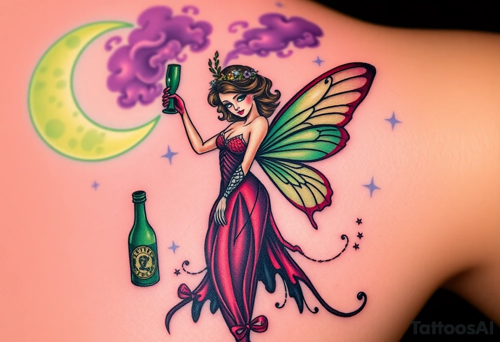 Tim Burton’s pin up style Vintage Parisian elegant and beautiful yet eerie full body absinthe Green Fairy dances outside her victorian crystal decatur absinthe bottle Absinthe Art Nouveau   and dripping with muted reds, dusty pinks, and eerie green glow.purple and cyan smokey clouds swirl in the crescent moonlit sky thats sprinkled with stars tattoo idea