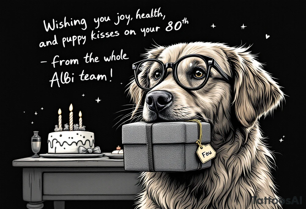Picture a playful golden retriever wearing cute round reading glasses, holding a neatly wrapped gift box in its mouth. A small tag on the box says “For You.” Behind the dog is a festive table with a birthday cake, candles, and party decorations. The retriever looks clever and kind, like a well-mannered guest at a cozy celebration. A cheerful message floats above:
“Wishing you joy, health, and puppy kisses on your 80th birthday – from the whole Albi team!”
The illustration has a light-hearted, cartoon-like charm, making it perfect for bringing smiles and laughter. tattoo idea