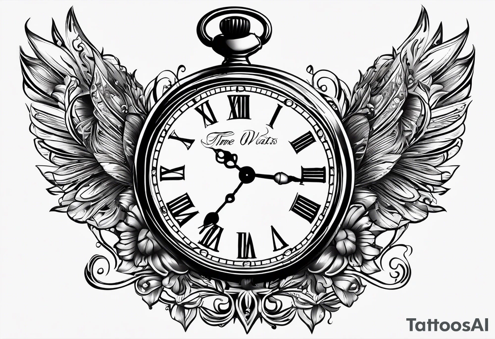 pocket watch with the saying "Time waits for no one..." tattoo idea