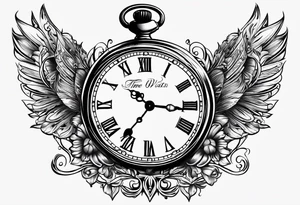 pocket watch with the saying "Time waits for no one..." tattoo idea