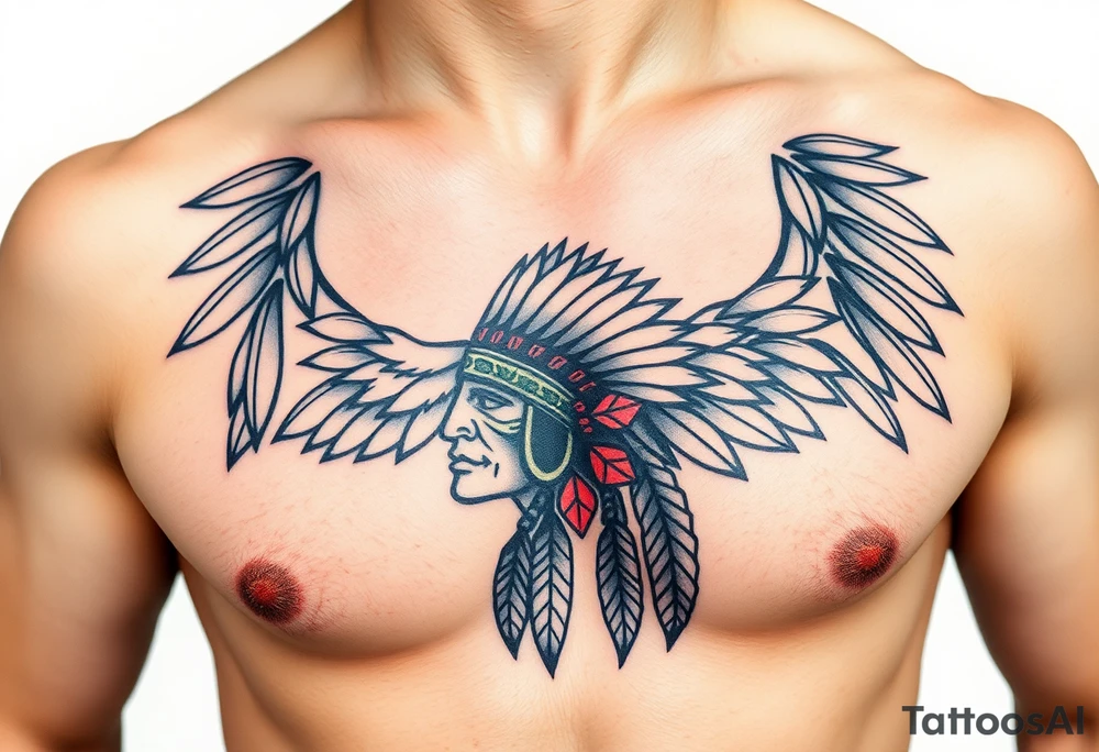 Native American chest in full color male left peck tattoo idea