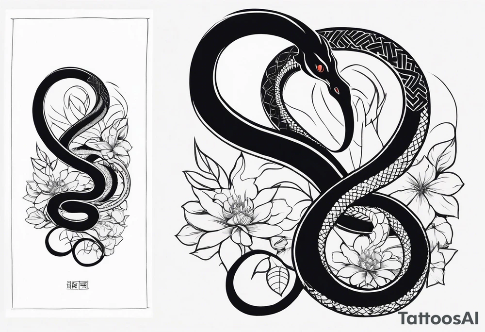 Long Double head snake tattoo for placement along the spine in japanese style to symbolise a journey of healing and transformation with reference to being a twin tattoo idea