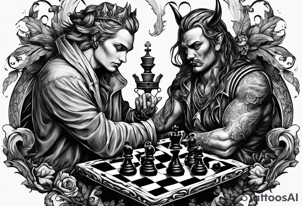 devil and angel playing chess tattoo idea