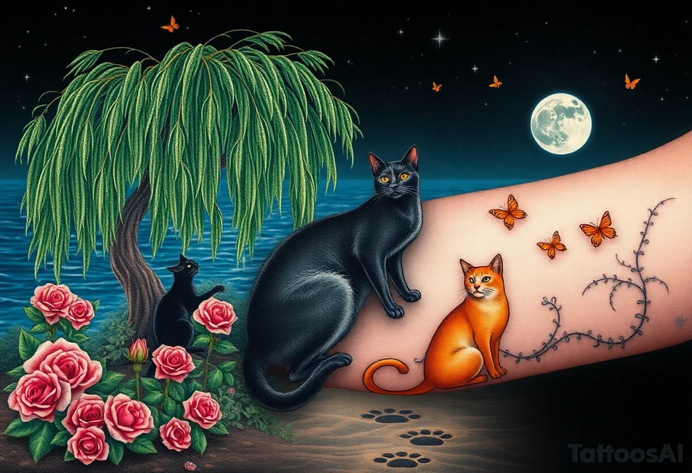 Night time. Ocean.  weeping willow garden with roses and liles flower beds. fantasy creatures, fairies, mermiads, dragons butterflies,  cat paw prints path in dirt. Black cat and orange cat tattoo idea