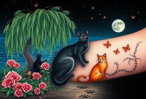Night time. Ocean.  weeping willow garden with roses and liles flower beds. fantasy creatures, fairies, mermiads, dragons butterflies,  cat paw prints path in dirt. Black cat and orange cat tattoo idea