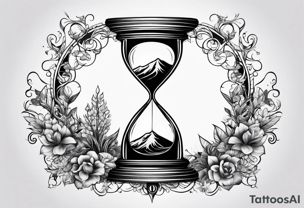 hourglass with vegetation, stars and hydrogen atoms tattoo idea