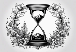 hourglass with vegetation, stars and hydrogen atoms tattoo idea