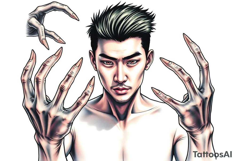 Handsome Asian young guy being holding by scary hands tattoo idea