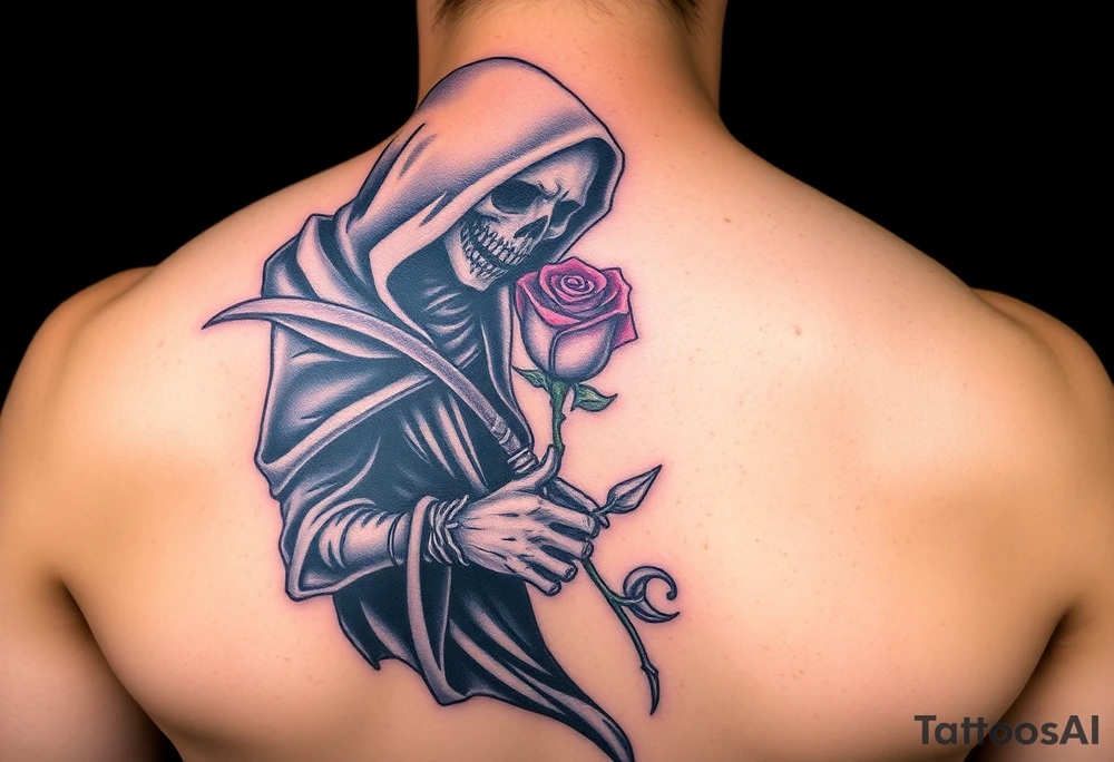 A grim reaper holding a rose, with a flowing black cloak and silver detailing, signifying love's defiance against time and mortality tattoo idea