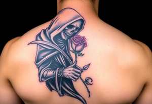 A grim reaper holding a rose, with a flowing black cloak and silver detailing, signifying love's defiance against time and mortality tattoo idea