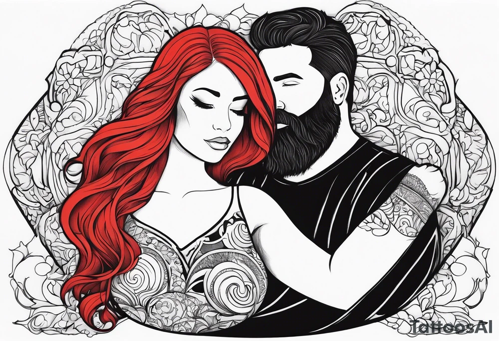 Busty red hair woman with bearded man black hair tattoo idea