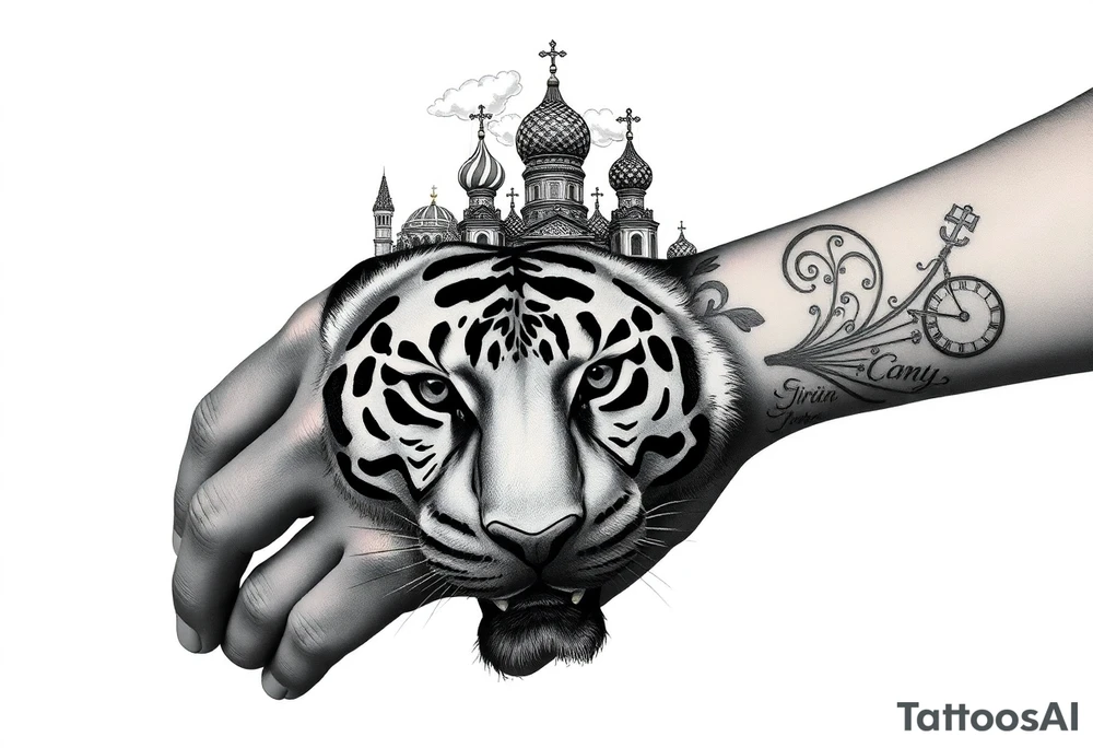 Realistic tiger face on the back of the hand with strong contrast and fine detail with all black eyes. then a highly detailed Russian Orthodox cathedral sitting above on the top fore arm with onion domes and orthodox crosses, done in fine line, engraving-like style. Cohesive composition, black ink only, no color, high contrast, slightly aged, documentary-style, plain light background. with clouds above and a virgin mary tattoo idea