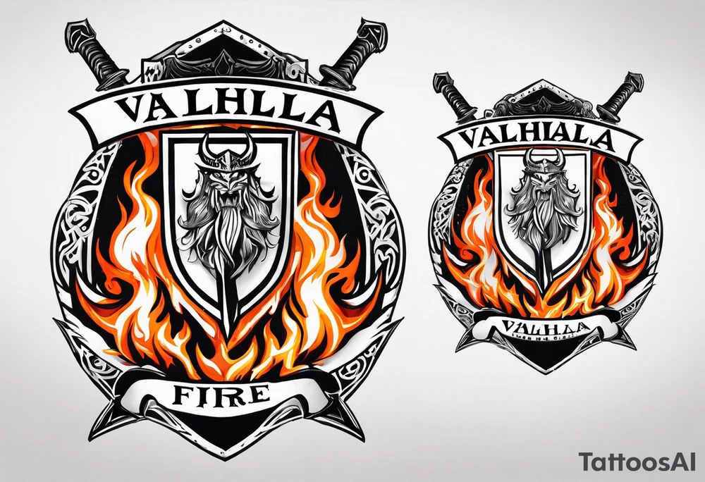 Valhalla on fire shield sword tattoo idea