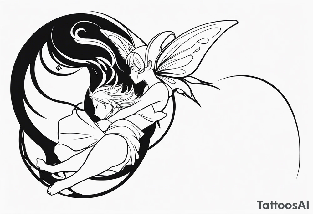 No color sideways sketch of a fairy with a tail inspired by the guild symbol in the anime show called Fairy Tail in a fetal position leaning forward while crawled in with hands a bit forward and her body is an angle while floating in the air tattoo idea