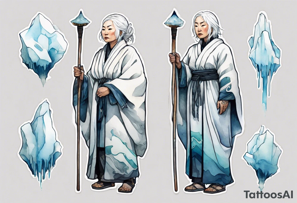 a 40 year old Inuit woman with white hair and a white robe holding a white staff, standing on an iceberg tattoo idea