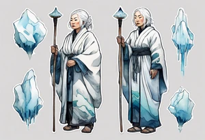 a 40 year old Inuit woman with white hair and a white robe holding a white staff, standing on an iceberg tattoo idea