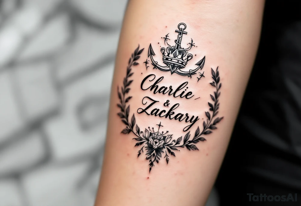 Design a small tattoo that artfully integrates the names "Charlie" and "Zackary" in elegant, intertwined cursive lettering. Surround the names with a bold, powerful symbol that conveys strength, unity, and protection—such as a shield, anchor, or lion emblem. The design should balance delicate script with a commanding central motif, creating a harmonious and meaningful piece perfect for a discreet placement like the wrist or inner forearm. tattoo idea