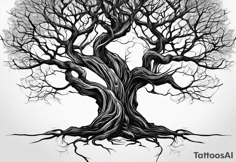 2 tree trunks twisting together with leafless branches extend horizontal. and tree trunk roots extending down vertically. tattoo idea