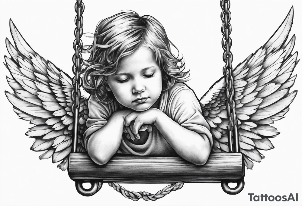 angel child on swing with sagging wings, head down. add hummingbird tattoo idea