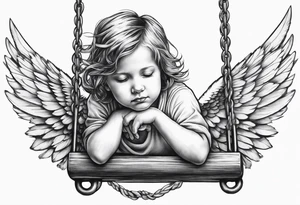 angel child on swing with sagging wings, head down.  add hummingbird tattoo idea