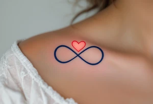 A navy blue infinity figure embracing a glowing coral pink heart at the top. tattoo idea