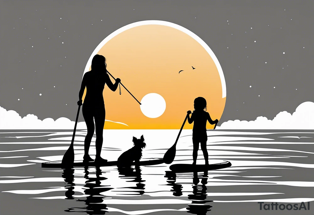 Silhouette of girl and little yorkie paddle boarding. Minimalist. Circle sun water one line tattoo idea