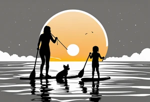 Silhouette of girl and little yorkie paddle boarding. Minimalist. Circle sun water one line tattoo idea
