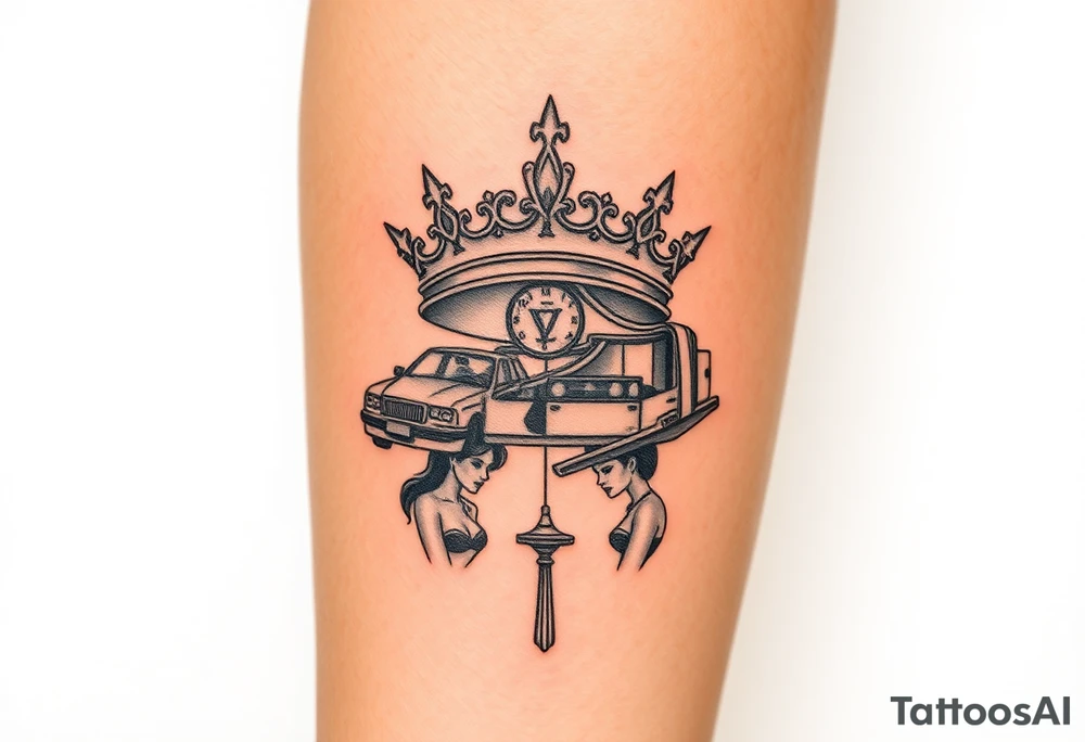 King crown with cars and girls and money tattoo idea