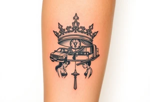 King crown with cars and girls and money tattoo idea