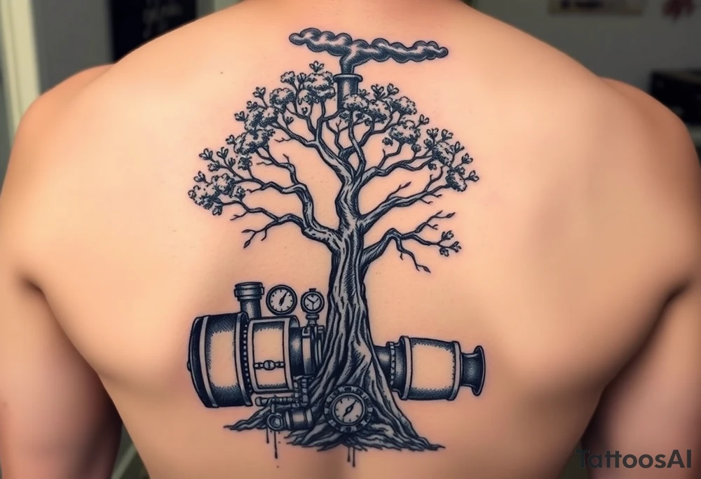 tree growing out of a v shaped engine with lots of pipes, guages and steam around the engine 
 with a smoke stack coming out of the top of the tree billowing black smoke with a steam punk vibe tattoo idea