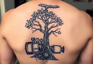 tree growing out of a v shaped engine with lots of pipes, guages and steam around the engine 
 with a smoke stack coming out of the top of the tree billowing black smoke with a steam punk vibe tattoo idea