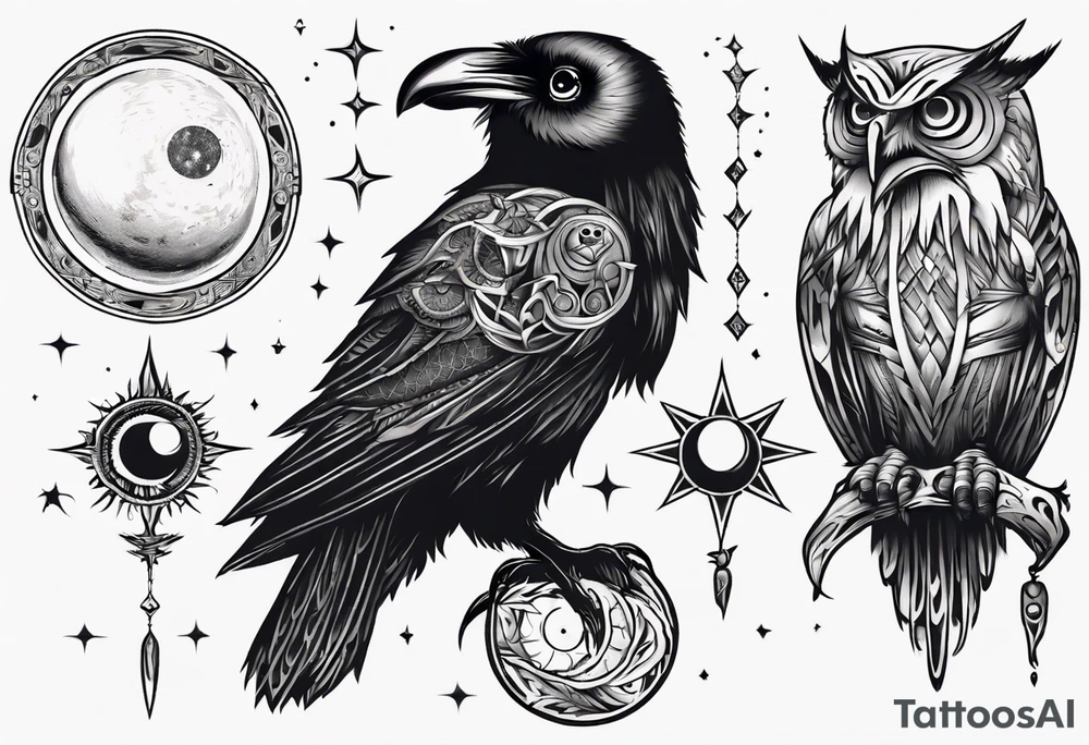 Cunning Raven with the Sun. Wise Owl on the right with Moon. tattoo idea