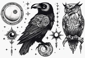 Cunning Raven with the Sun. Wise Owl on the right with Moon. tattoo idea