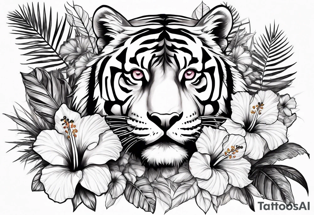 Hibiscus is very tropical with palm trees, tiger, surrounded with flowers tattoo idea