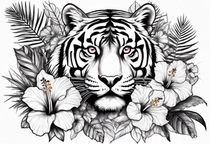 Hibiscus is very tropical with palm trees, tiger, surrounded with flowers tattoo idea