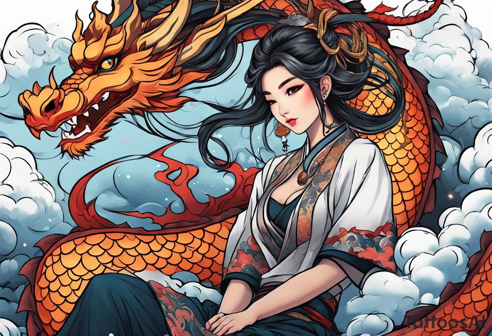 american traditional style, an anime girl sitting on a asian dragon surrounded by cloud tattoo idea