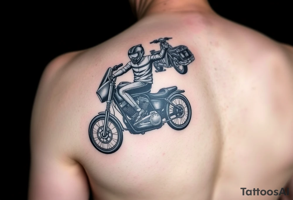 a two person on a Harley Road Glide 2018 on a forearm and a harley's engine on the top of the hand make it as realistic and use the arm to place the tatoo tattoo idea