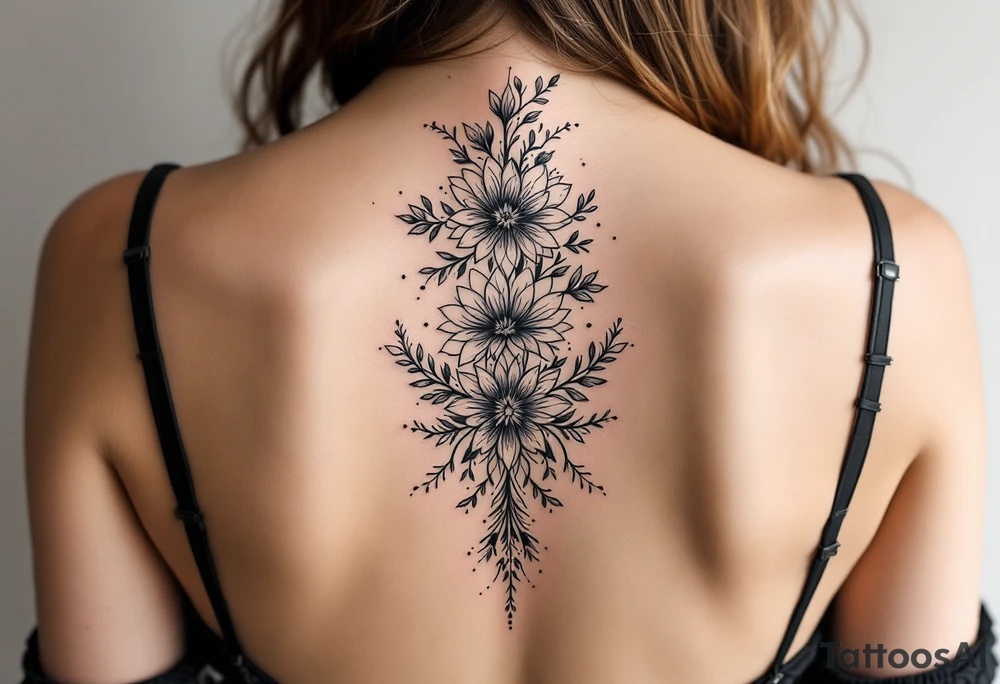 1.	Cherry Blossom Flow (Central Spine): A cascading cherry blossom flowing vertically along the spine to cover the central portion of the existing tattoo. Symmetrical patterns inspired by ornamental designs, with intricate curves and dotwork extending outward from the base of the spine. These elements should balance the floral motif and enhance the lower back area with a decorative, feminine flair.
	3.	Dotwork and Contouring: Delicate linework and dot patterns should be added around the floral design to give texture and seamlessly blend the tattoo with the surrounding skin. The ornamentation should curve naturally along the shape of the body, creating a cohesive, elegant look. tattoo idea