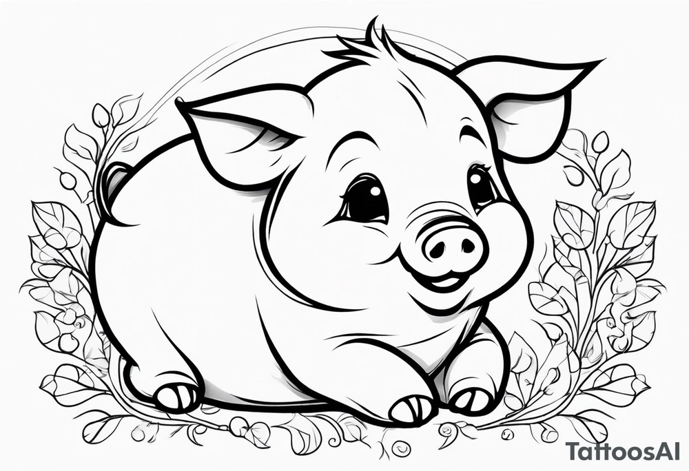 very cute chubby happy piglet.
outline only.
black and white only.
only show the piglet. no extra lines or decoration.
no black shading.
dont make the ears too big.
draw very thin lines tattoo idea