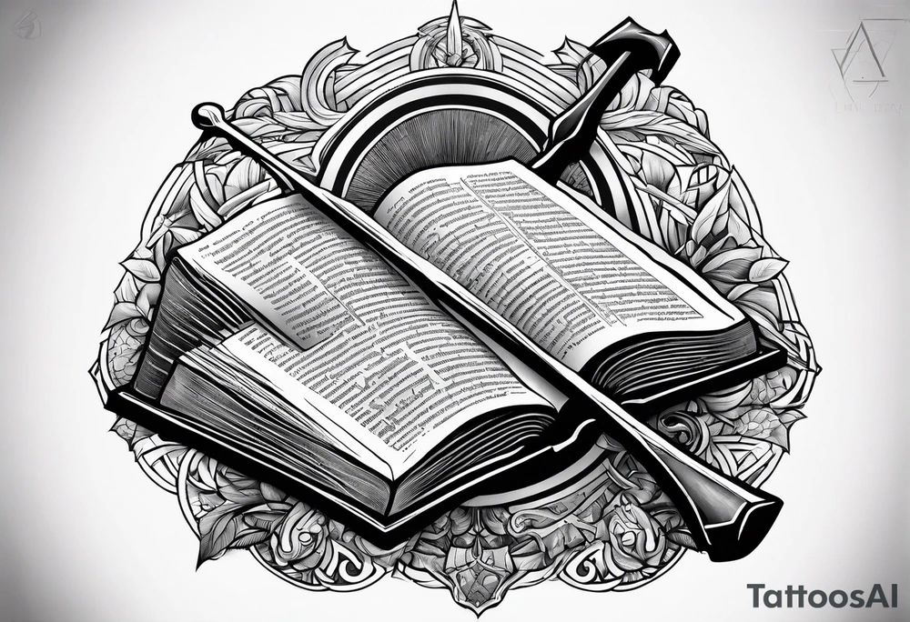 An opened bible with a battle Axe tattoo idea