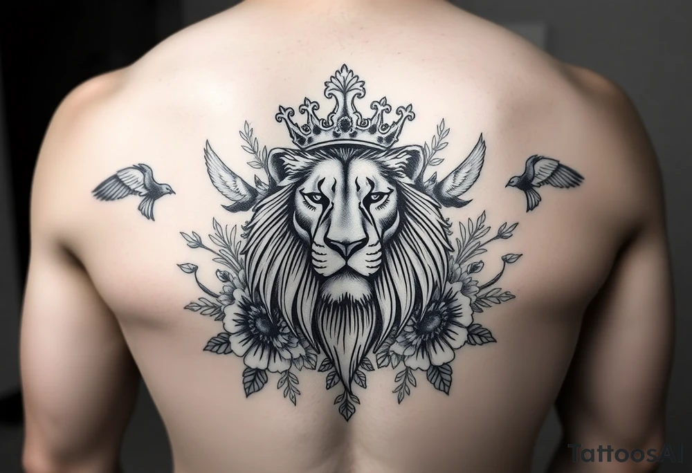 powerful majestic lion with a crown, surrounded by floral ornaments and birds tattoo idea