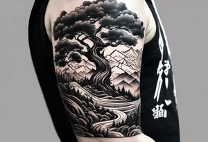 Full arm sleeve, tree going up to shoulder dead tree going down to wrist, wrapped in a serpent moving down with mountain, water elements tattoo idea