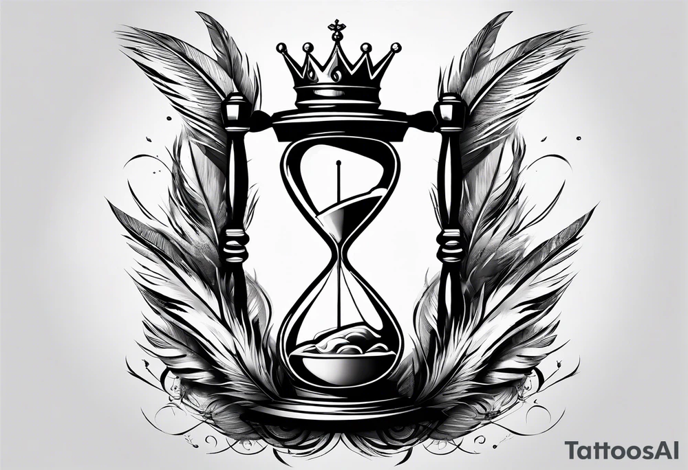 hourglass with feathers, a crown with a diamond and a pocket watch tattoo idea