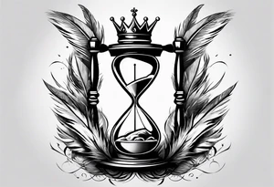 hourglass with feathers, a crown with a diamond and a pocket watch tattoo idea